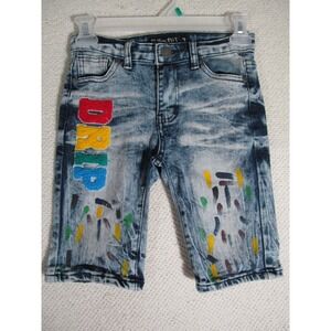Blue Cult Girls Size 7 Denim Shorts – Acid Wash DRIP Graphic, Y2K Streetwear‎
